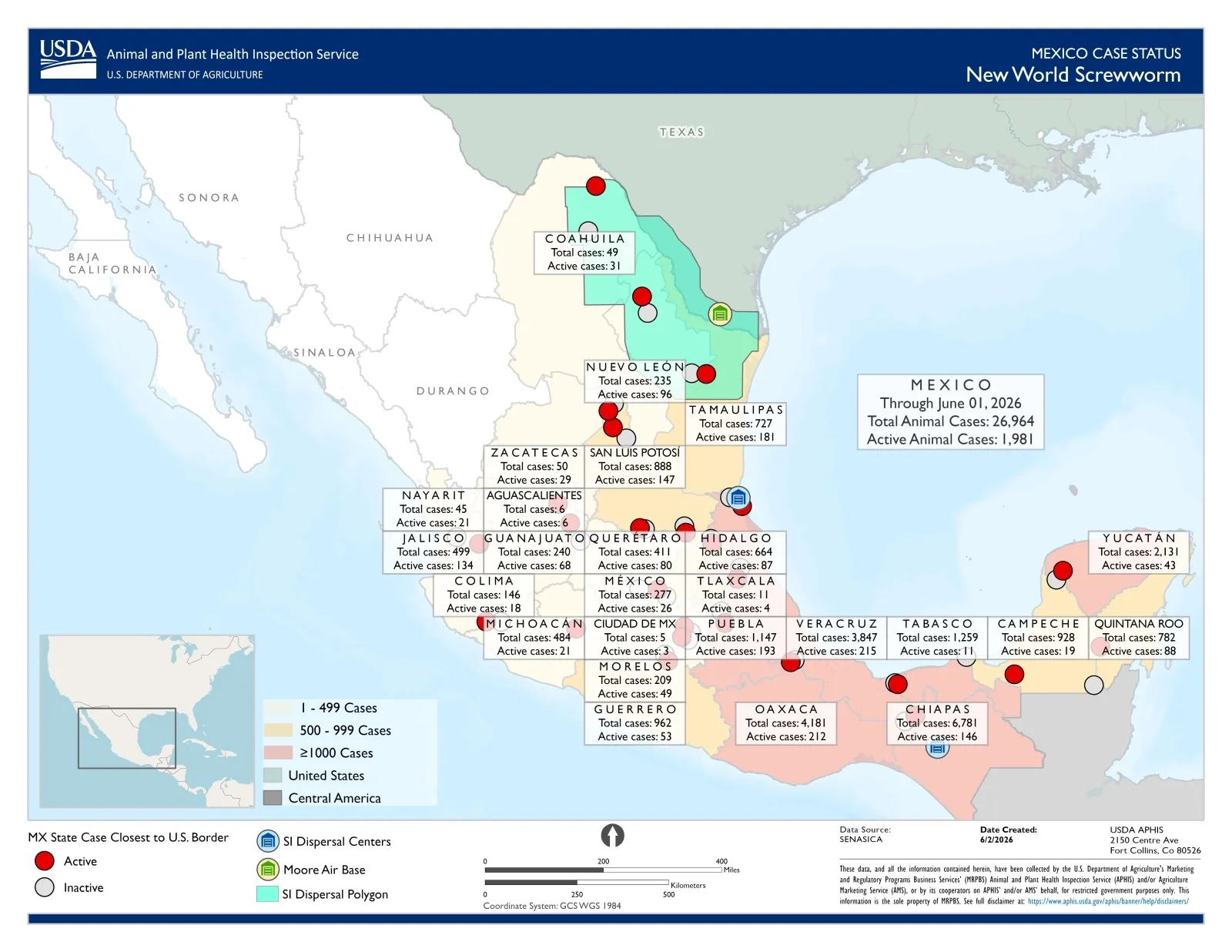 A map from the USDA Animal and Plant Health Inspection Service (APHIS) showing the current status of NWS in Mexico.
