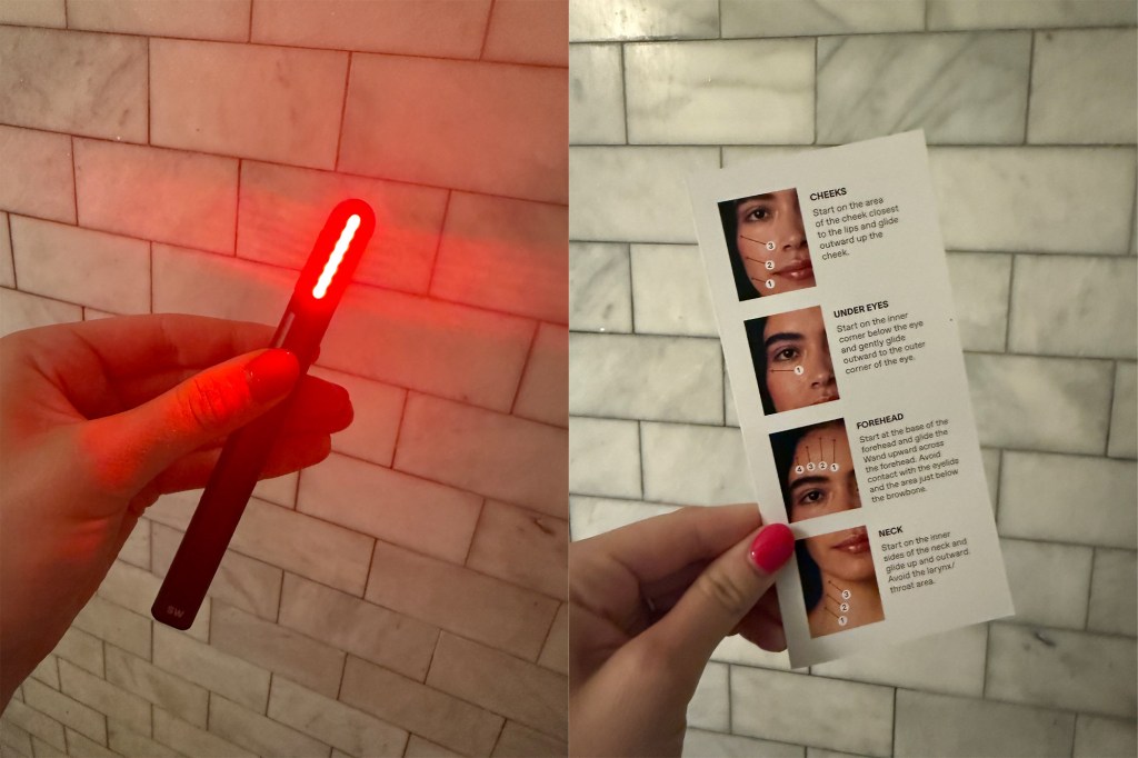 Red light therapy wand and instructions for facial application.
