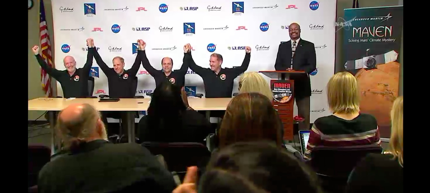 People sitting at a desk with their hands up in the air.