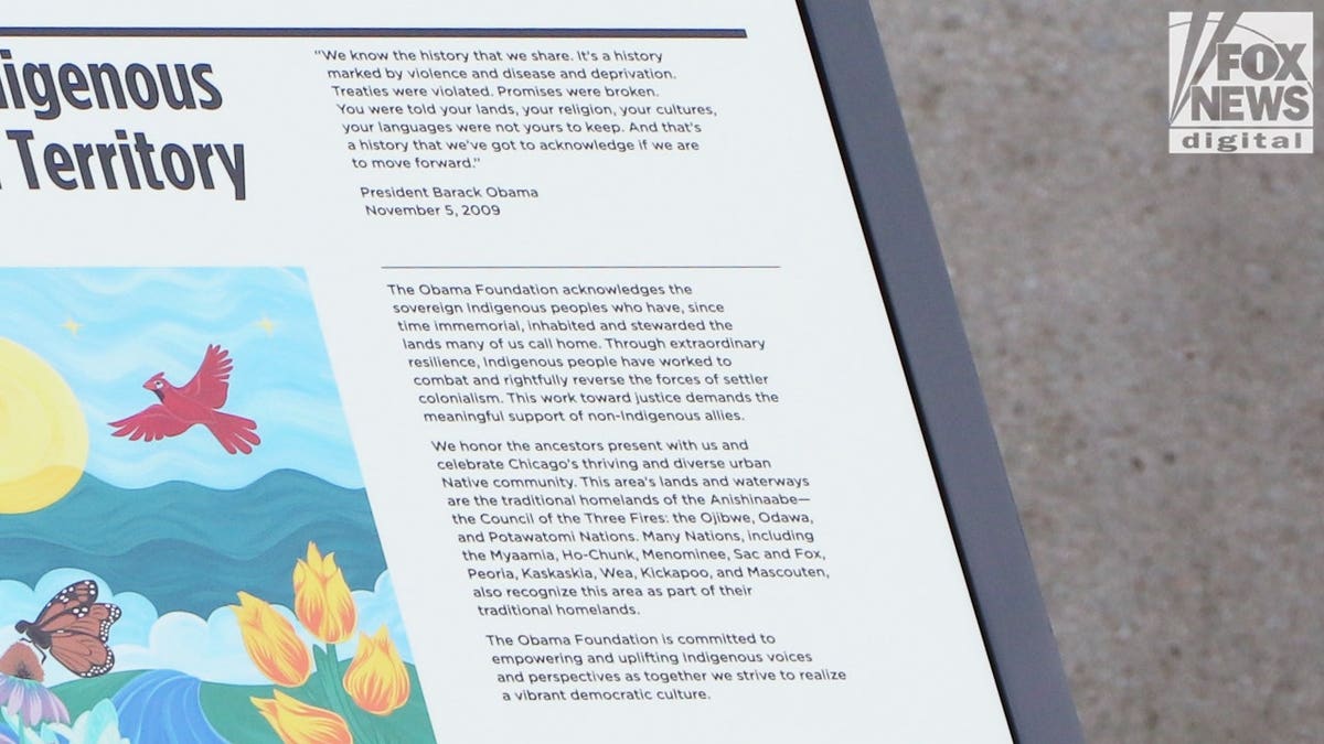Close-up of an Indigenous land acknowledgment display inside the Obama Presidential Center featuring a quote from Barack Obama and text recognizing Native American tribes.