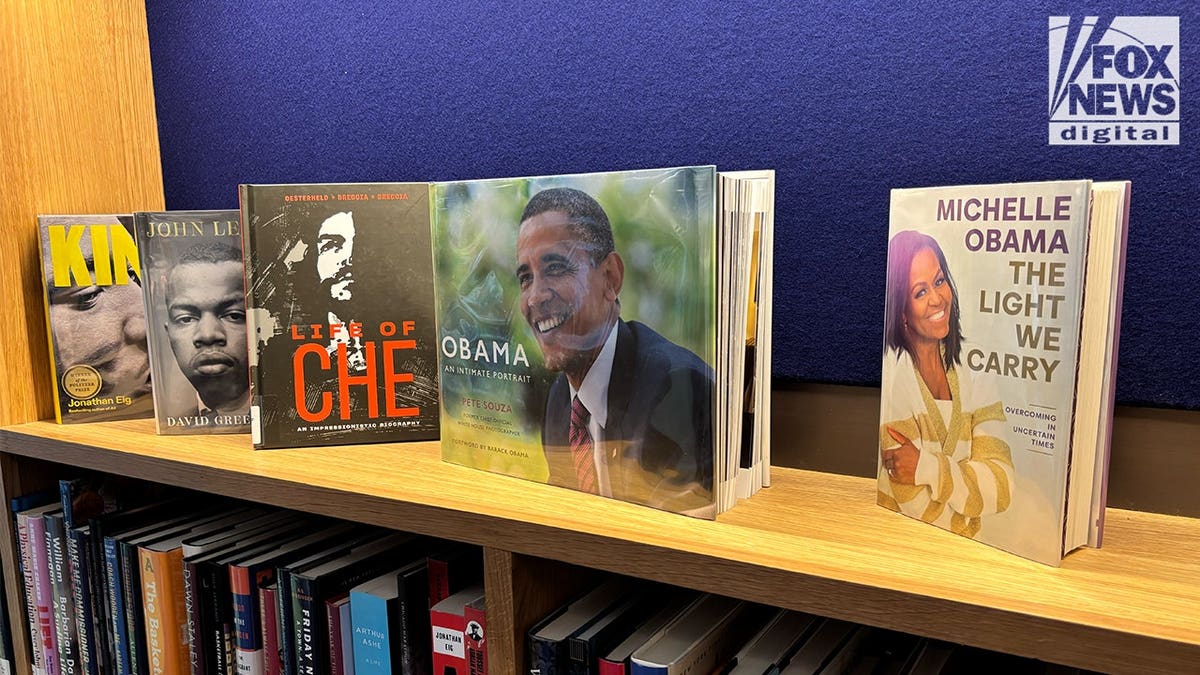 Books about Barack Obama, Michelle Obama, John Lewis and Che Guevara displayed inside the Chicago Public Library branch at the Obama Presidential Center.