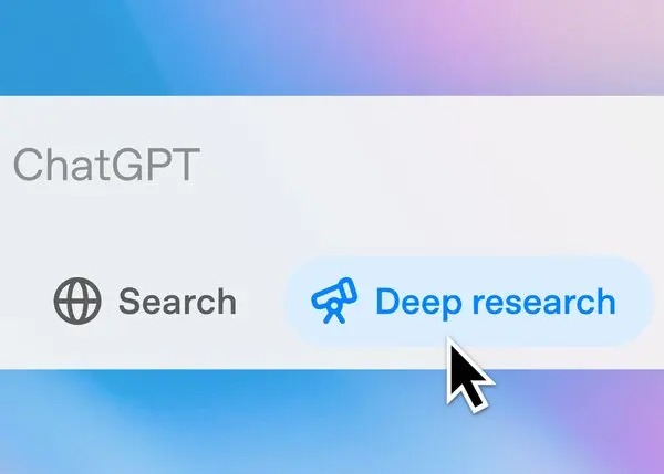 A cursor hovering over a "Deep research" button in ChatGPT.