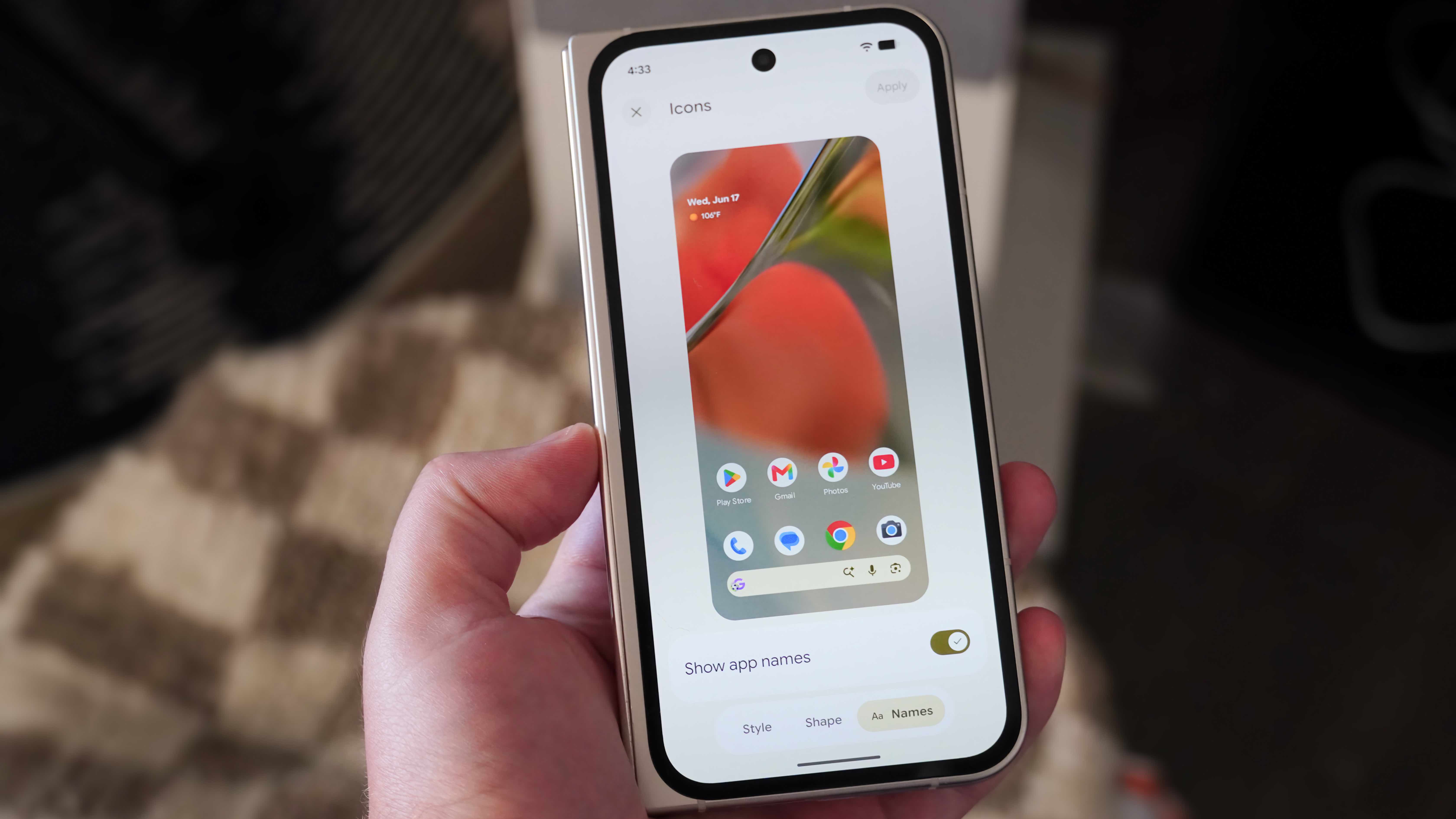The hide home screen names option in Android 17 on a Pixel 9 Pro Fold.