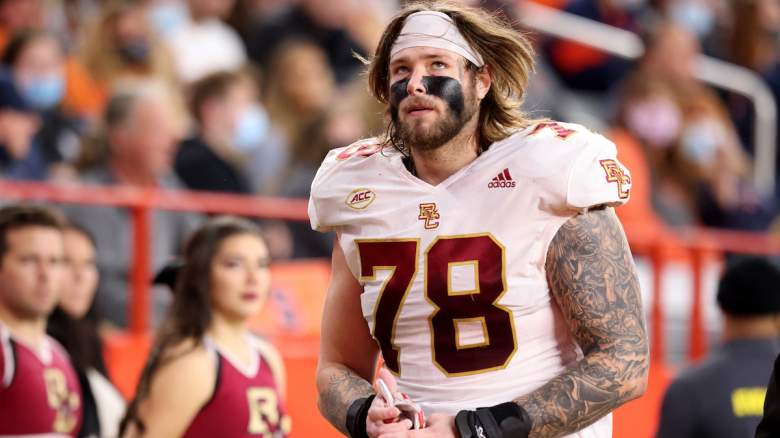 Tyler Vrabel #78 of the Boston College Eagles walks to the locker room.