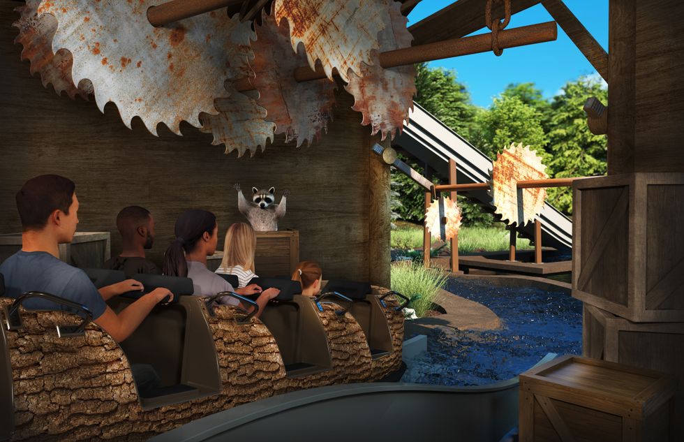 People on Rip Roarin' Falls log flume ride with large saw blades and a raccoon figure in the background.