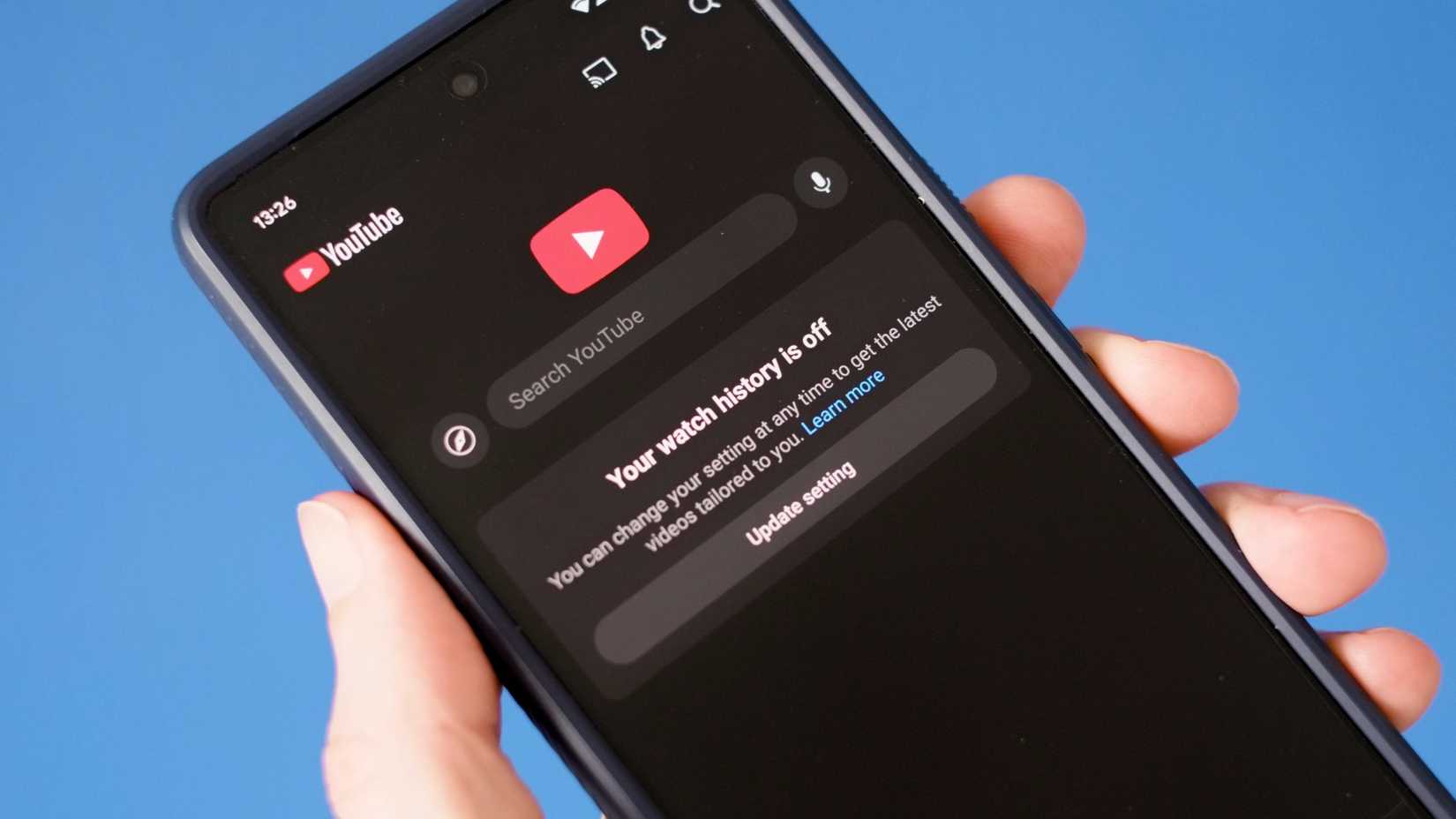 Pixel 7 with YouTube app showing Watch History turned off.