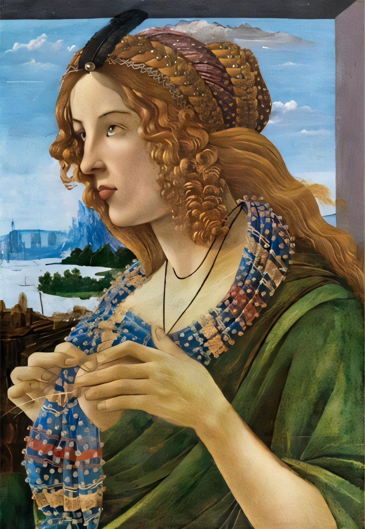 a portrait of a young woman wearing a green dress
