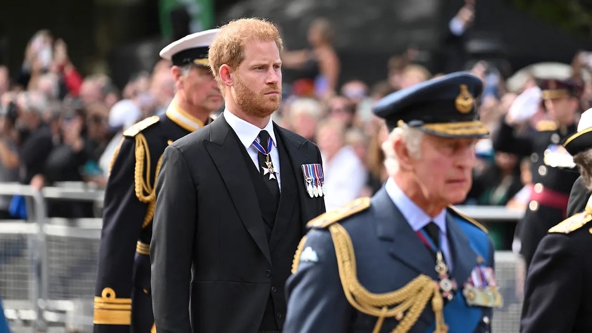 Prince Harry walking behind King Charles III during a procession in London