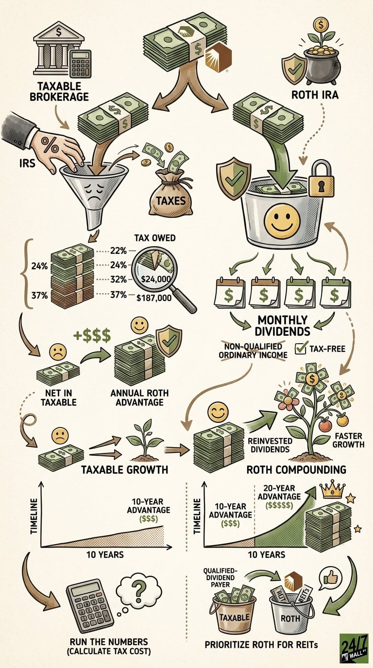 An illustrated guide showing how a Roth IRA protects monthly dividends from taxes compared to a taxable brokerage account, resulting in significantly higher long-term growth.