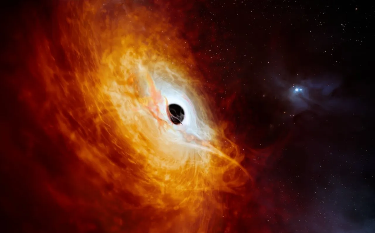 An artistic impression of record-breaking quasar J059-4351, showing the black hole as a dark sphere surrounded by a bright and turbulent accretion disk of material