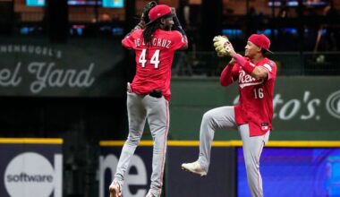 Cincinnati Reds' Elly De La Cruz and Noelvi Marte celebrate after a baseball game against the Milwaukee Brewers Friday, Sept. 26, 2025, in Milwaukee.