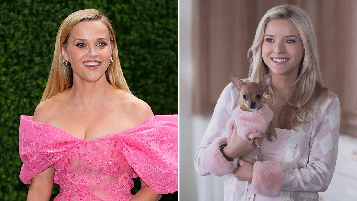 Reese Witherspoon arrives at the premiere of Elle as an inset image shows Lexi Minetree as Elle Woods in ELLE.