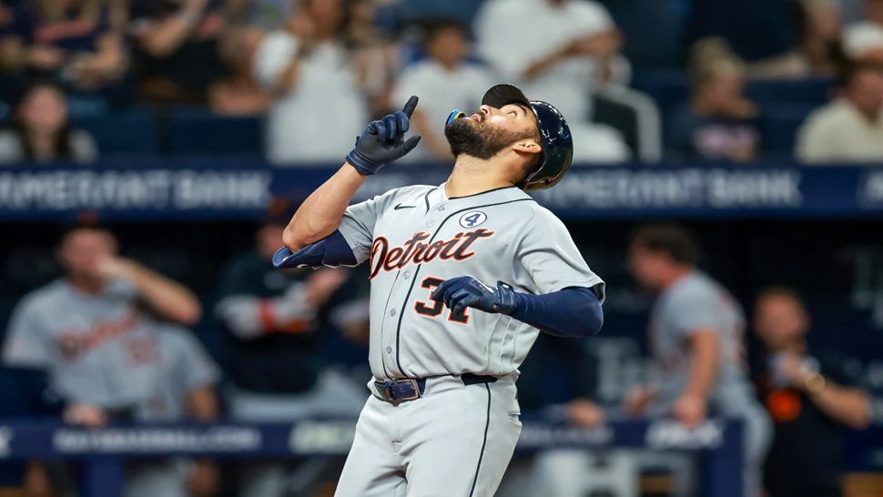 Detroit Tigers' Riley Greene celebrates his home run against the Tampa Bay Rays during the seventh inning of a baseball game Tuesday, June 2, 2026, in St. Petersburg, Fla. (AP Photo/Mike Carlson)