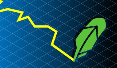 jagged line written by Robinhood quill logo on graph background