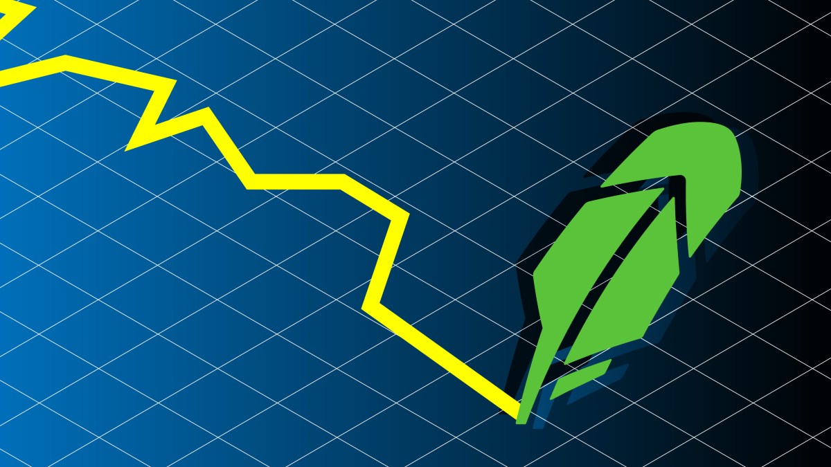 jagged line written by Robinhood quill logo on graph background