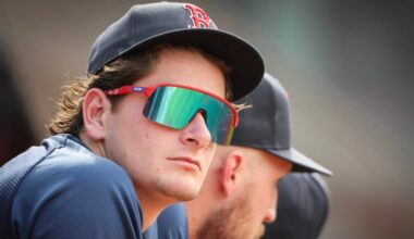 Boston Red Sox Roman Anthony watching from his dugout against the Baltimore Orioles during eighth inning MLB action at Fenway Park on Thursday June 4, 2026.