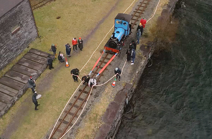 Sam and Sue pulling a train, seen from above