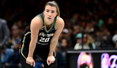 Sabrina Ionescu takes a breather during a New York Liberty-Dallas Wings game in May 2026.