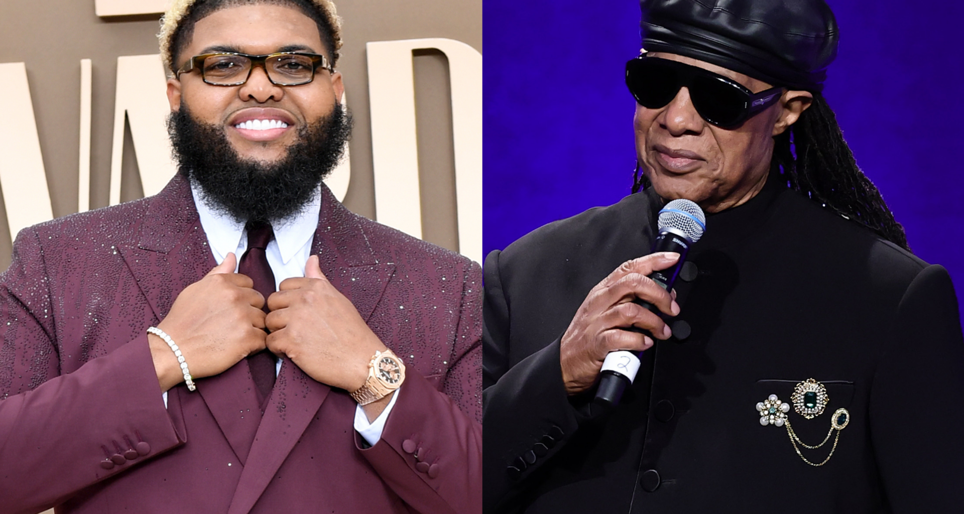 Druski in a burgundy suit smiling, and Stevie Wonder in black attire with sunglasses, holding a microphone.
