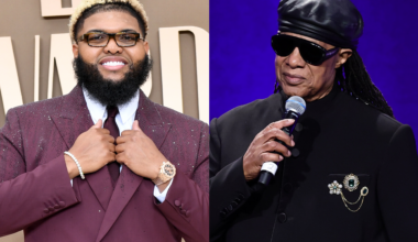 Druski in a burgundy suit smiling, and Stevie Wonder in black attire with sunglasses, holding a microphone.