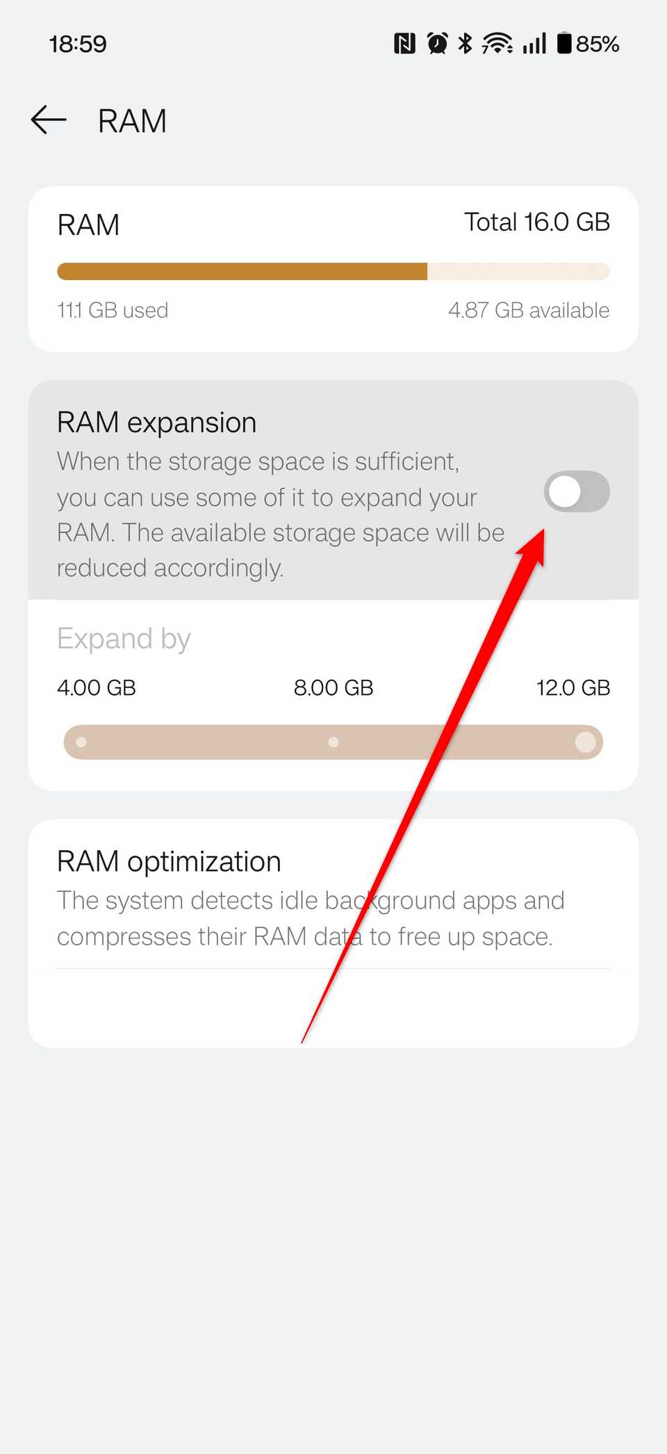 The RAM expansion feature on a OnePlus 15 disabled.