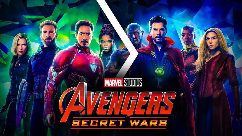 Avengers Infinity War heroes with Secret Wars logo.