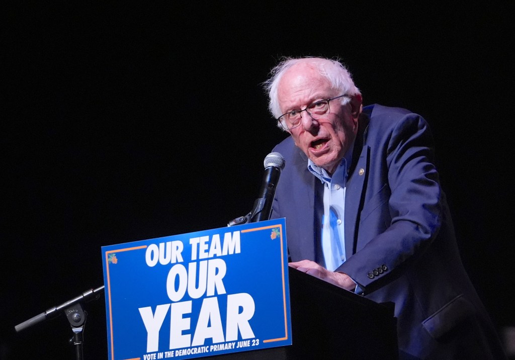 Sen. Bernie Sanders (I-Vt.) speaking at a campaign rally for progressive New York City congressional candidates in Brooklyn on June 18, 2026.
