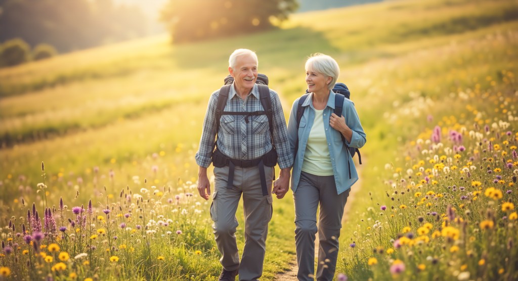 Senior couple hiking in a meadow with backpacks, holding hands.