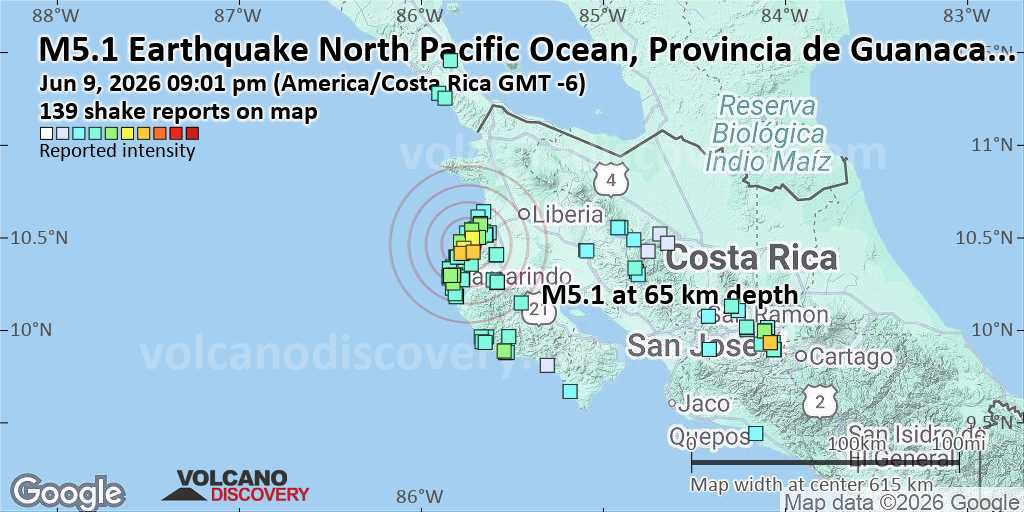 Strong Mag. 5.1 Earthquake - North Pacific Ocean, 38 km Southwest of Liberia, Costa Rica, on Tuesday, Jun 9, 2026, at 09:01 pm (Costa Rica Time)