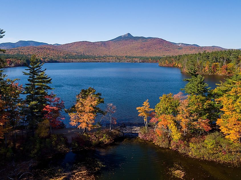 An aerial view of Chocorua Lake and distant Mount Chocorua.