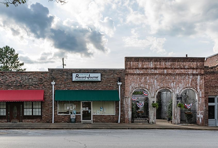 Historic downtown buildings in Livingston, Sumter County, Alabama