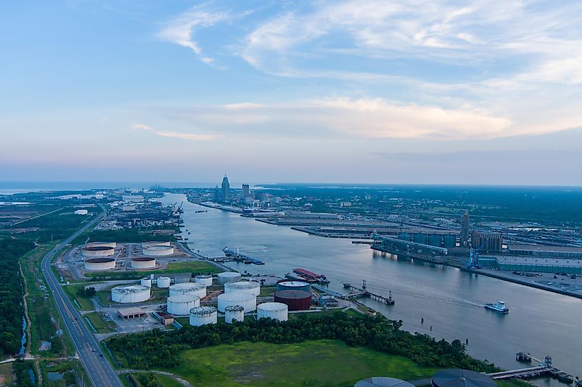 Industrial facilities lining the banks of the Mobile River in Alabama