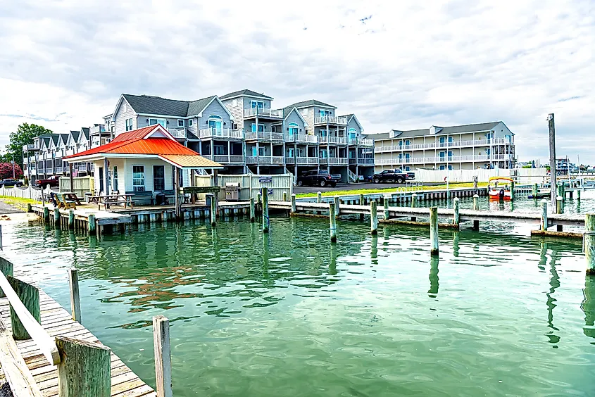 Buildings along the pier in Chincoteague, Virginia.