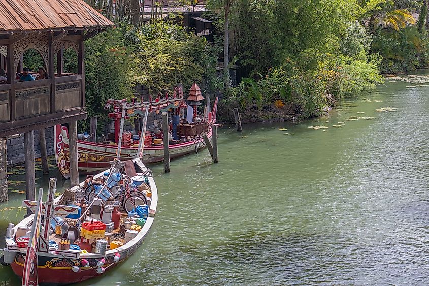 Two market gondolas in Asia land in Animal Kingdom. Editorial credit: Carmen Whitehead / Shutterstock.com