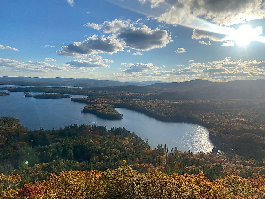 View of Squam Lake with Fall foliage.