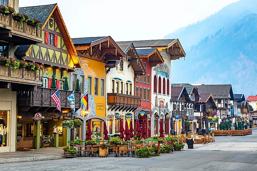 Vibrant painted Bavarian-style buildings in Leavenworth, Washington.