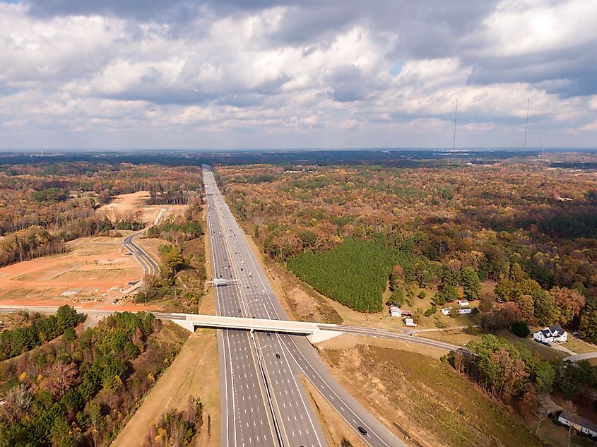 Aerial Drone View of Interstate 40 Highway in North Carolina
