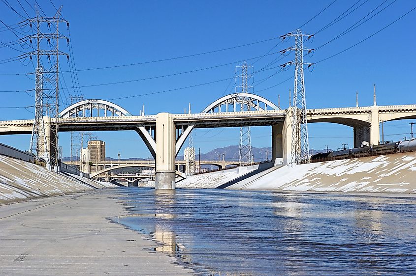 The concrete-lined channel of the Los Angeles River running through the city