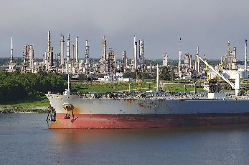 An oil refinery on the banks of the Mississippi River