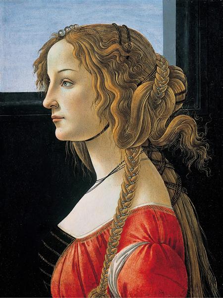 a painting of a young woman in a red dress with long brown hair