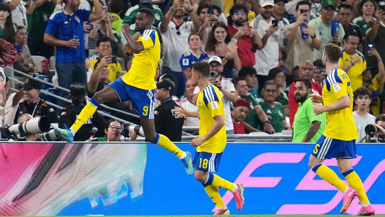 Sweden's Alexander Isak (9) celebrates after scoring his team's second goal 