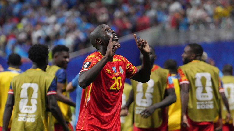 Congo's Yoane Wissa (20) celebrates scoring their third goal during the World Cup Group K soccer match between DR Congo and Uzbekistan in Atlanta, Saturday, June 27, 2026. (AP Photo/Jacob Kupferman)