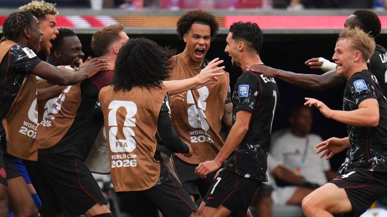 Canada players celebrate Stephen Eustaquio's goal against South Africa