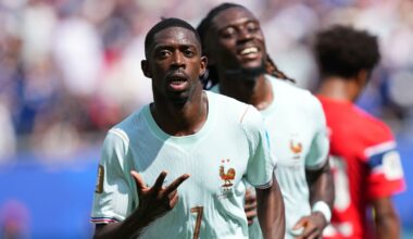 France's Ousmane Dembele celebrates after completing his hat-trick