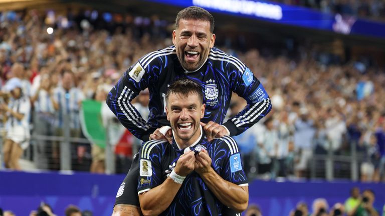 Giovani Lo Celso of Argentina and Nicolas Otamendcelebrate a goal during the FIFA World Cup 2026 Group J match against Jordan