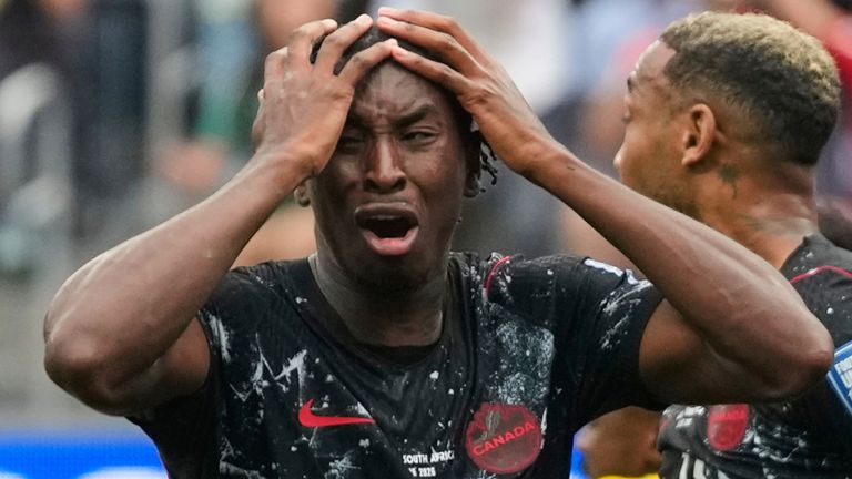 Canada's Moise Bombito reacts during the World Cup round of 32 match against South Africa (AP Photo/Andre Penner)
