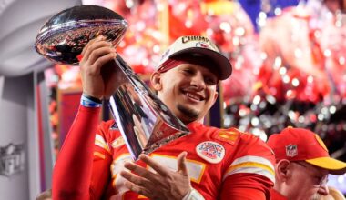 FILE - Kansas City Chiefs quarterback Patrick Mahomes celebrates with the trophy after the team's win in overtime during the NFL Super Bowl 58 football game against the San Francisco 49ers, Sunday, Feb. 11, 2024, in Las Vegas. Mahomes and the Chiefs are aiming to become the first team to three-peat since the 1965-67 Green Bay Packers won three consecutive NFL championships. (AP Photo/Ashley Landis, File)