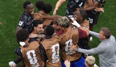 Canada's Stephen Eustaquio celebrates with team-mates after scoring his side's winner against South Africa. (AP Photo/Marcio Sanchez)