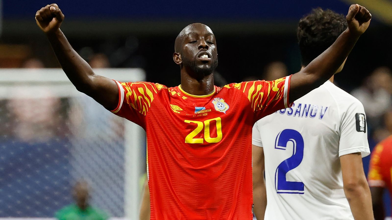 Congo's Yoane Wissa (20) celebrates a win during the World Cup Group K soccer match between DR Congo and Uzbekistan in Atlanta, Saturday, June 27, 2026. (AP Photo/Erik S. Lesser)
