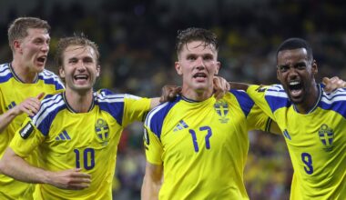 Viktor Gyokeres and Alexander Isak celebrate during Sweden's win